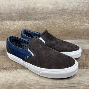 VANS Classic Slip On Pig Suede Plaid Brown Navy Sneakers Mens 8 Womens 9.5 NEW